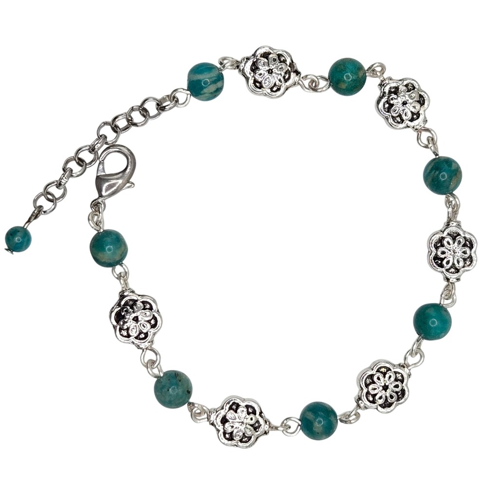 Handmade Artsy‎ Boho Cottage Russian Amazonite Silver Flower Link Bracelet